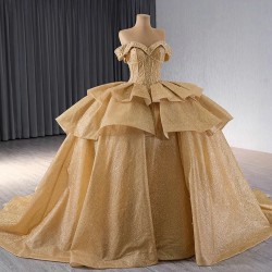 Tiered Ball Gown Gold Quinceanera Dress Sequin Birthday Sweet 16 Gown Off Shoulder Princess Vestido De 15 Anos