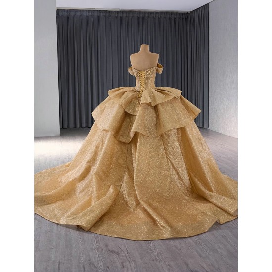 Tiered Ball Gown Gold Quinceanera Dress Sequin Birthday Sweet 16 Gown Off Shoulder Princess Vestido De 15 Anos