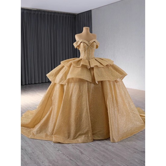 Tiered Ball Gown Gold Quinceanera Dress Sequin Birthday Sweet 16 Gown Off Shoulder Princess Vestido De 15 Anos