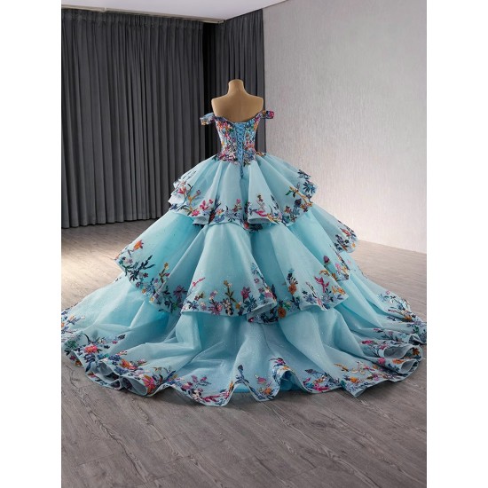 Tiered Ball Gown Pastel Blue Quinceanera Dress With Flowers Sweet 16 Gown Off Shoulder Birthday Vestido De 15 Anos