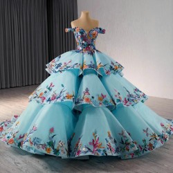 Tiered Ball Gown Pastel Blue Quinceanera Dress With Flowers Sweet 16 Gown Off Shoulder Birthday Vestido De 15 Anos