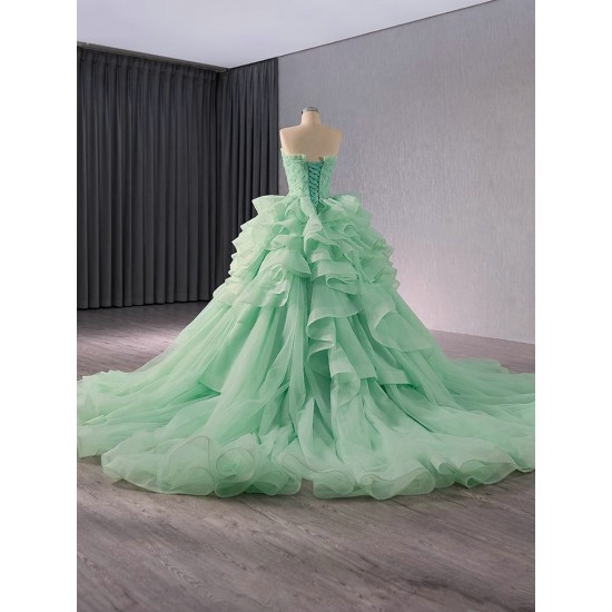 Tiered Ball Gown Sage Green Quinceanera Dress Sequins Sweet 16 Dress Princess Sleeveless Vestidos De XV 15 Anos