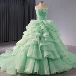 Tiered Ball Gown Sage Green Quinceanera Dress Sequins Sweet 16 Dress Princess Sleeveless Vestidos De XV 15 Anos