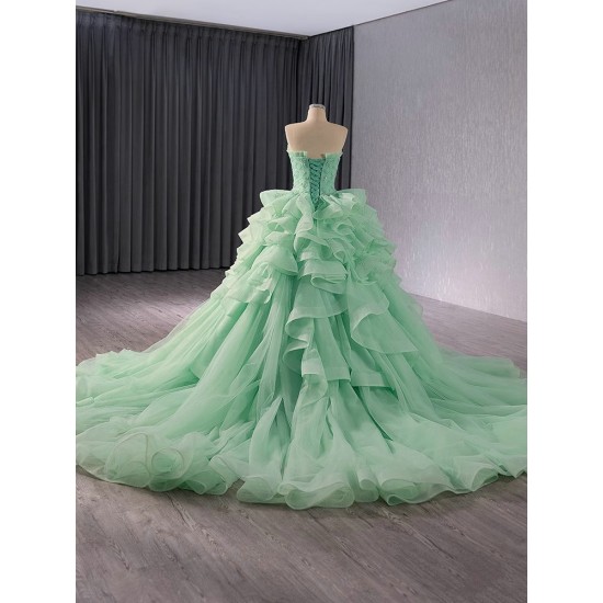 Tiered Ball Gown Sage Green Quinceanera Dress Sequins Sweet 16 Dress Princess Sleeveless Vestidos De XV 15 Anos