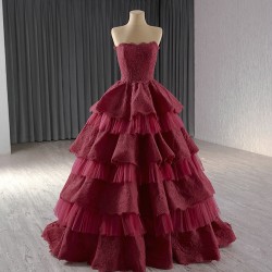 Tiered Burgundy Prom Dresses Appliques Lace Formal Evening Gowns Women Party Dress Customized