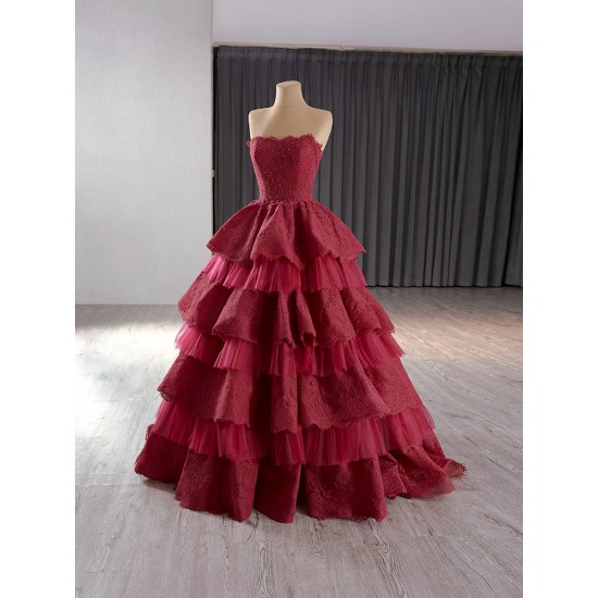 Tiered Burgundy Prom Dresses Appliques Lace Formal Evening Gowns Women Party Dress Customized