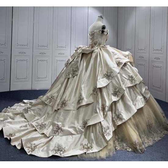 Tiered Champagne Quinceanera Dresses Off the shoulder Ball Gown 3D Flowers Vestidos De 15 Anos