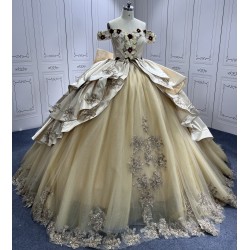 Tiered Champagne Quinceanera Dresses Off the shoulder Ball Gown 3D Flowers Vestidos De 15 Anos