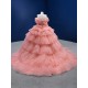 Tiered Coral Evening Dresses Ball Gown Long Formal Party Prom Gowns Sparkly Vestido De Fiesta