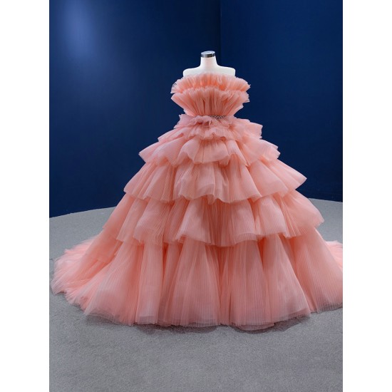 Tiered Coral Evening Dresses Ball Gown Long Formal Party Prom Gowns Sparkly Vestido De Fiesta