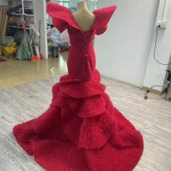 Tiered Red Mermaid Evening Dresses Elegant Formal Dubai Party Gowns Long Vestido De Gala