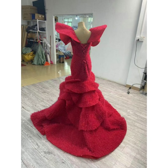 Tiered Red Mermaid Evening Dresses Elegant Formal Dubai Party Gowns Long Vestido De Gala