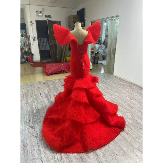 Tiered Red Mermaid Evening Dresses Elegant Formal Dubai Party Gowns Long Vestido De Gala