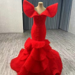 Tiered Red Mermaid Evening Dresses Elegant Formal Dubai Party Gowns Long Vestido De Gala