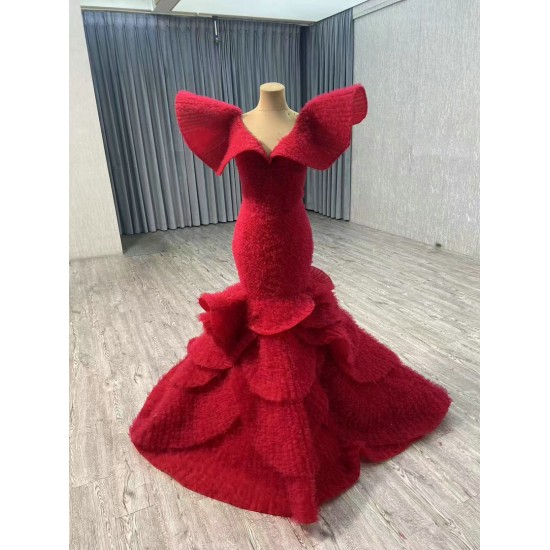 Tiered Red Mermaid Evening Dresses Elegant Formal Dubai Party Gowns Long Vestido De Gala