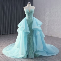 Two In One Cyan Blue Sequin Prom Dresses For Women 2024 Strapless Mermaid Long Formal Evening Party Gowns