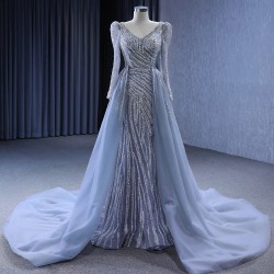 Two In One Gray Blue Mermaid Prom Dresses Long Beading Long Sleeve Tulle Prom Evening Gowns Vestido De Festa