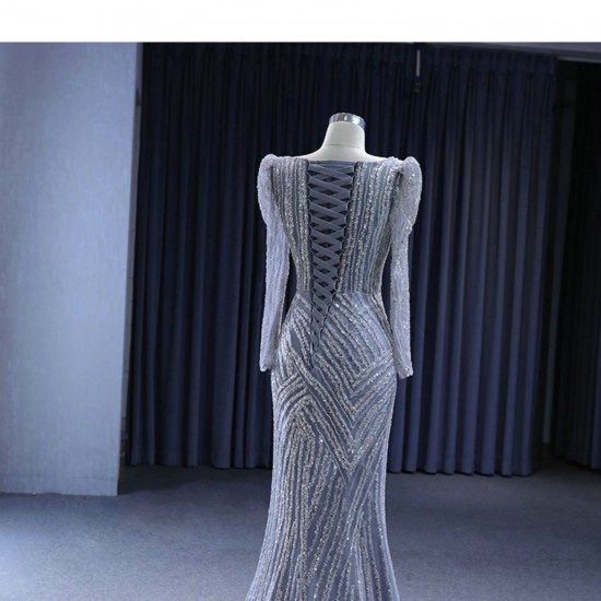 Two In One Gray Blue Mermaid Prom Dresses Long Beading Long Sleeve Tulle Prom Evening Gowns Vestido De Festa