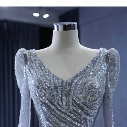 Two In One Gray Blue Mermaid Prom Dresses Long Beading Long Sleeve Tulle Prom Evening Gowns Vestido De Festa