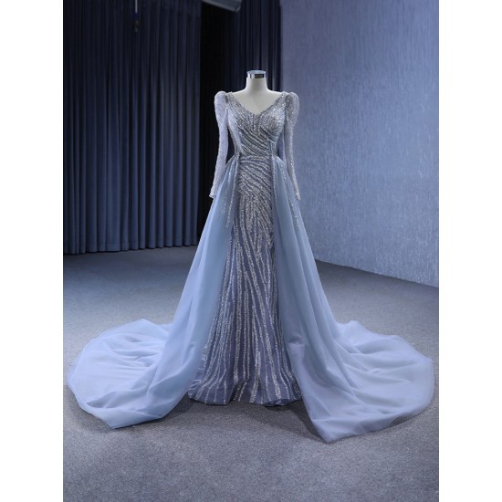 Two In One Gray Blue Mermaid Prom Dresses Long Beading Long Sleeve Tulle Prom Evening Gowns Vestido De Festa