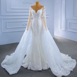 Two In One Mermaid Wedding Dress Long Sleeve Lace Appliques Backless Bridal Gowns