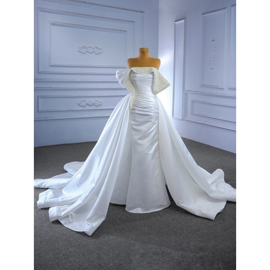 Two In One Mermaid White Wedding Dress Satin Strapless Off Shoulder Bridal Gown 2024