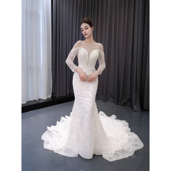 Vestido De Noiva Scoop Neck Long Sleeve Wedding Dresses Lace Up Formal Dress