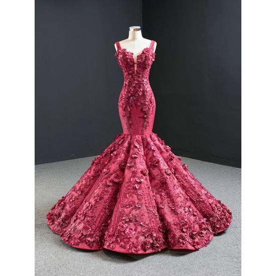 Watermelon Red Evening Dress Sleeveless 2024 Elegant 3D Flowers Mermaid Floor Length Formal Party Gown