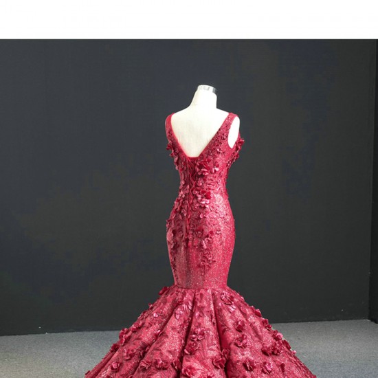 Watermelon Red Evening Dress Sleeveless 2024 Elegant 3D Flowers Mermaid Floor Length Formal Party Gown