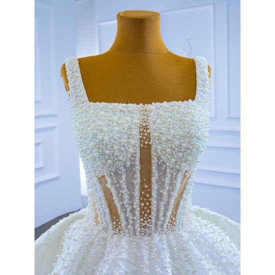 White Wedding Dresses Ball Gown Spaghetti Straps Bridal Dress Square Collar Backless Lace Up Sweep Train 2024