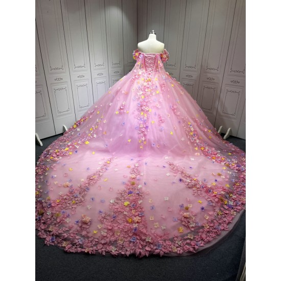 2025 Pink Floral Quinceanera Dresses Colorful Flowers Princess Burthday Gown Sweet 16 15 Birthday Vestido De 15 Anos