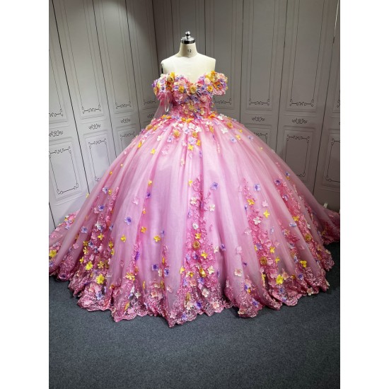 2025 Pink Floral Quinceanera Dresses Colorful Flowers Princess Burthday Gown Sweet 16 15 Birthday Vestido De 15 Anos