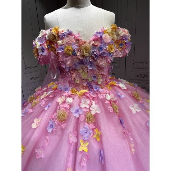 2025 Pink Floral Quinceanera Dresses Colorful Flowers Princess Burthday Gown Sweet 16 15 Birthday Vestido De 15 Anos