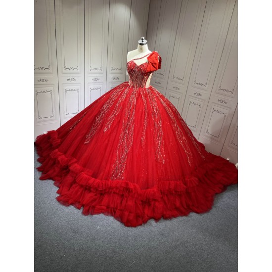 One Shoulder Red Quinceanera Dress Sleeveless Sweet 15 Gowns Ruffled Princess Dress With Bow And Ruffles