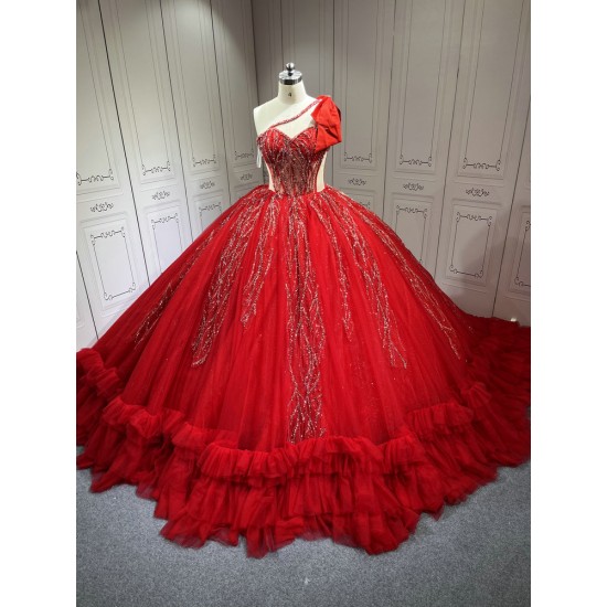 One Shoulder Red Quinceanera Dress Sleeveless Sweet 15 Gowns Ruffled Princess Dress With Bow And Ruffles