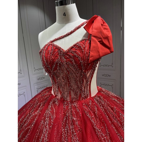 One Shoulder Red Quinceanera Dress Sleeveless Sweet 15 Gowns Ruffled Princess Dress With Bow And Ruffles