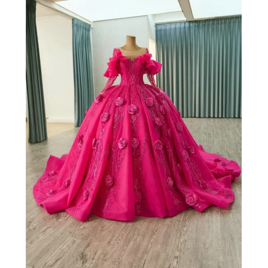 Long Sleeves Fuchsia Quinceanera Dresses With 3D Flowers And Beaded Details