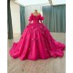 Long Sleeves Fuchsia Quinceanera Dresses With 3D Flowers And Beaded Details