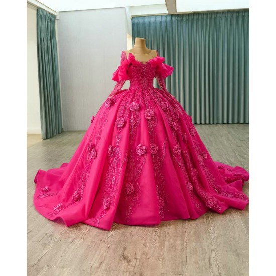 Long Sleeves Fuchsia Quinceanera Dresses With 3D Flowers And Beaded Details