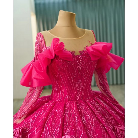 Long Sleeves Fuchsia Quinceanera Dresses With 3D Flowers And Beaded Details