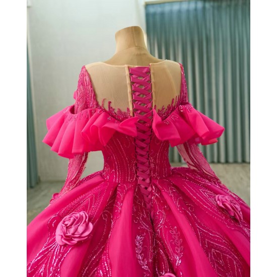 Long Sleeves Fuchsia Quinceanera Dresses With 3D Flowers And Beaded Details