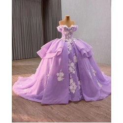 Elegant Lavender Ball Gown Dress with Delicate White Floral Appliqués & Voluminous Puffy Skirt – Whimsical Princess Style for Weddings or Special Events