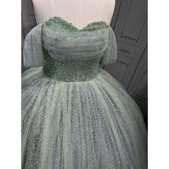 Sparkly Off The Shoulder Sage Green Quinceanera Dresses