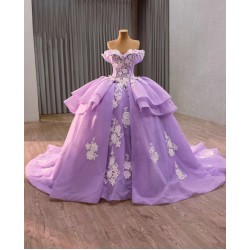 Elegant Lavender Ball Gown Dress with Delicate White Floral Appliqués & Voluminous Puffy Skirt – Whimsical Princess Style for Weddings or Special Events